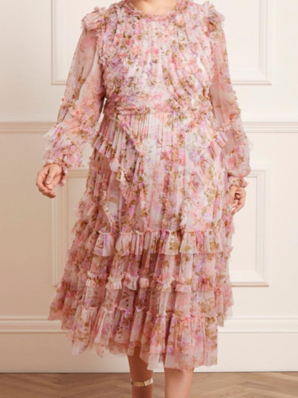 Needle & Thread Pink and Cream Floral Ruffle Dress